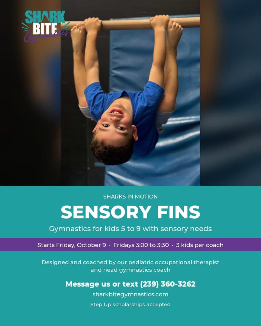Sensory Fins at Shark Bite Gymnastics: a boy hanging upside down from the bar, grinning